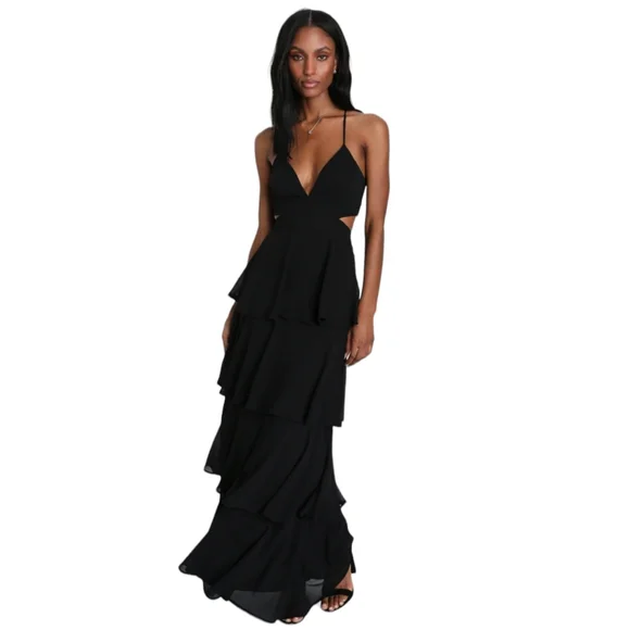 LULUS Tier and Now Black Tie-Back Tiered Maxi Dress XS - Picture 2 of 6